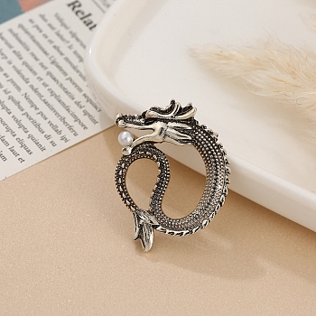 Dragon Men's Alloy Brooch for Backpack Clothes, with Plastic Beads, Antique Silver, 33x26mm