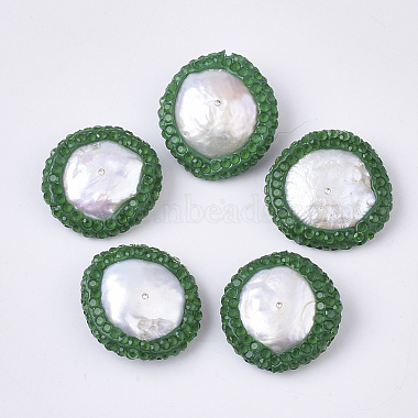 Green Flat Round Polymer Clay+Glass Rhinestone Beads