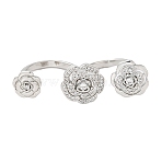 Brass Double Finger Rings, Open Cuff Rings, Cubic Zirconia Peony Flower Ring for Women, Cadmium Free & Lead Free, Platinum, 3mm, Inner Diameter: 16mm & 18mm(RJEW-Q778-56P)