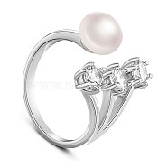 SHEGRACE Rhodium Plated 925 Sterling Silver Cuff Finger Ring, with Freshwater Pearl, Three AAA Cubic Zirconia, Size 7, Clear, 17mm(JR494A)