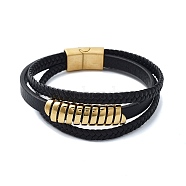 Men's Black PU Leather Cord Multi-Strand Bracelets, Spring Shaped 304 Stainless Steel Link Bracelets with Magnetic Clasps, Golden, 8-5/8x1 inch(22x2.4cm)(BJEW-K243-48G)