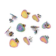 Ion Plating(IP) 304 Stainless Steel Stud Earring Findings, with Ear Nuts, Textured Heart, Rainbow Color, 12x13mm, Hole: 1.5mm, Pin: 0.7mm(STAS-I183-02B-M)