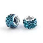 Polymer Clay Rhinestone European Beads, Large Hole Beads, Rondelle, with Silver Color Plated Brass Cores, Blue Zircon, 10~12x7~8mm, Hole: 5mm(CPDL-T001-18)