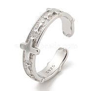 Rhodium Plated 925 Sterling Silver Cuff Ring, Cross Open Rings for Women Men, Platinum, Adiustable(RJEW-Z036-02B-P)