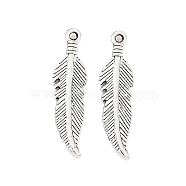 Tibetan Style Alloy Pendants, Feather, Cadmium Free & Lead Free, Antique Silver, 25.5x7x1mm, Hole: 1.5mm, about 1388pcs/1000g(TIBE-Q051-02AS-LF)