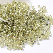Glass Seed Beads, Silver Lined, Square, Yellow Green, 3~4x3x3mm, Hole: 1.2mm, about 6300pcs/pound(SEED-M011-01A-09)