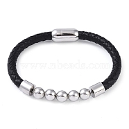 304 Stainless Steel Round Beads Leather Cord Bracelets, with Magnetic Clasps, for Men Women, Stainless Steel Color, 8-3/8 inch(21.2cm), 6~10mm(BJEW-A009-02P)