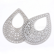 304 Stainless Steel Big Filigree Pendants, teardrop, Stainless Steel Color, 61.5x43x0.5mm, Hole: 0.5mm, about 35~50pcs/bag(STAS-S044-033)