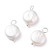 Natural Baroque Pearl Keshi Pearl Pendants, Cultured Freshwater Pearl, with Brass Loops, Flat Round, Floral White, Platinum, 17.5x11x4.5mm, Hole: 2.1~3.1mm(PALLOY-JF01494-02)