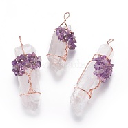 Natural Quartz Crystal Big Pendants, with Amethyst Chips and Brass Findings, Nuggets, Rose Gold, 58~105x22~35mm, Hole: 5~12mm(G-F594-01B)