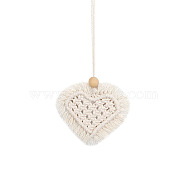 Heart Shaped Boho Handmade Macrame Cotton Hanging Ornament, for Car Rear View Mirror Decoration, Snow, 80x95mm(MAKN-PW0001-081A)