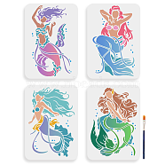 US 1 Set PET Hollow Out Drawing Painting Stencils, for DIY Scrapbook, Photo Album, Word Faith Love Hope Family, Mermaid, with 1Pc Art Paint Brushes, Mermaid, 297x210mm, 4pcs/set(DIY-MA0004-99)