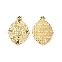 Vacuum Plating 201 Stainless Steel with Rhinestone Pendants, Oval with Virgin Mary Pattern Charms, Real 18K Gold Plated, 29x20.5x2.5mm, Hole: 2mm(STAS-J401-VC989)