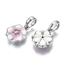 Brass Micro Pave Clear Cubic Zirconia Charms, with Enamel, Flower, White & Pink, Platinum, 13.5x11x4mm, Hole: 4x5mm(ZIRC-T002-16P-A)