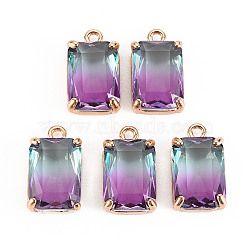 Gradient Color Glass Pendants, with Brass Prong Settings, Faceted, Rectangle, Light Gold, Orchid, 17x10x5.5mm, Hole: 1.6mm(X-GLAA-S193-008-A08)