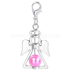Alloy Angel Pendant Decorations, with CCB Imitation Pearl, Hot Pink, 4.4x1.9cm(KEYC-PW0009-04B)