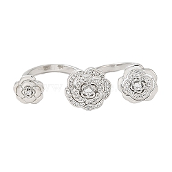 Brass Double Finger Rings, Open Cuff Rings, Cubic Zirconia Peony Flower Ring for Women, Platinum, 3mm, Inner Diameter: 16mm & 18mm(RJEW-Q778-56P)
