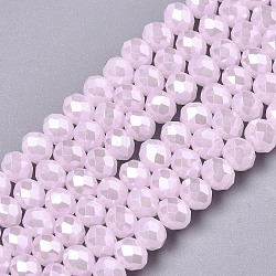 Electroplate Glass Beads Strands, Imitation Jade Beads, Pearl Luster Plated, Faceted, Rondelle, Pink, 6x5mm, Hole: 1mm, about 92~94pcs/strand, 17~17.5 inch(42.5~43.75cm)(EGLA-A034-J6mm-A09)