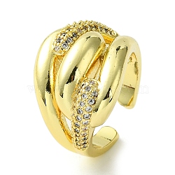 Brass Micro Pave Cubic Zirconia Open Cuff Rings, Hollow, Real 16K Gold Plated, US Size 7 1/2(17.7mm)(RJEW-K256-40G)
