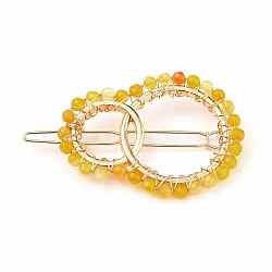Alloy Hollow Geometric Natural Agate Beads Hair Barrettes, Ponytail Holder Statement, with Hair Accessories for Women, Interlink Rings Shape, 64mm, Rings: 54x40x4mm, Beads: 4~4.5mm(PHAR-JH00059-02)