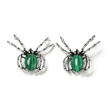 Dual-use Items Alloy Brooch, with Synthetic Malachite and Rhinestone, Spider, 46x54x12mm, Hole: 4x3.5mm