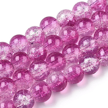 Transparent Crackle Baking Painted Glass Beads Strands, Imitation Opalite, Round, Medium Orchid, 8.5x7.5mm, Hole: 1.5mm, about 107~109pcs/strand, 30.71 inch~31.30 inch(78~79.5cm)