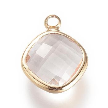 Glass Pendants, with Brass Findings, Faceted, Rhombus, Clear, 14.5x11.5x4mm, Hole: 2.5mm
