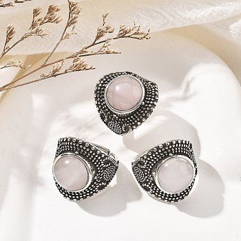 Natural Rose Quartz Adjustable Rings, Lead Free & Cadmium Free, Antique Silver Plated Brass Finger Rings for Women, 22.5mm, Inner Diameter: 17mm