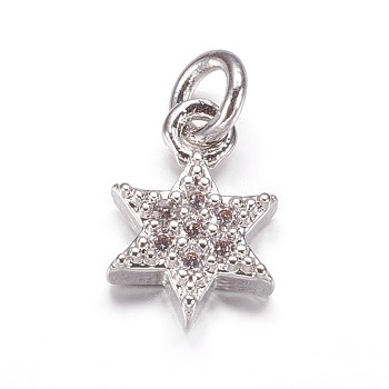 Brass Micro Pave Cubic Zirconia Pendants, for Jewish, Star of David Charms, Platinum, 9.5x6.5x2mm, Hole: 2mm