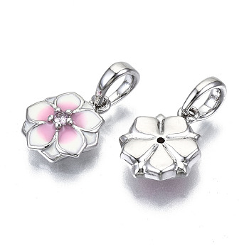 Brass Micro Pave Clear Cubic Zirconia Charms, with Enamel, Flower, White & Pink, Platinum, 13.5x11x4mm, Hole: 4x5mm