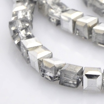 Half Plated Clear Glass Faceted Cube Beads Strands, Silver Plated, 3x3x3mm, Hole: 1mm, about 100pcs/strand, 12.9 inch
