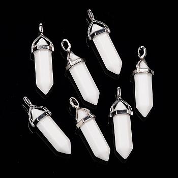 Bullet Imitation Jade Glass Pointed Pendants, with Alloy Findings, White, 39x12mm, Hole: 3x4mm