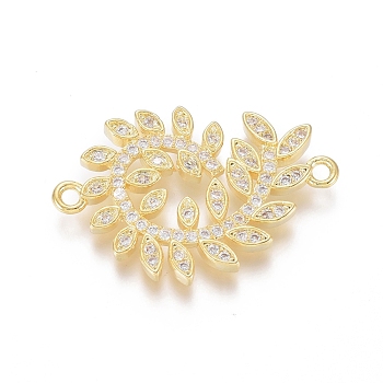 Brass Micro Pave Clear Cubic Zirconia Links connectors, Leafy Branches, Golden, 19x28x2mm, Hole: 1.6mm