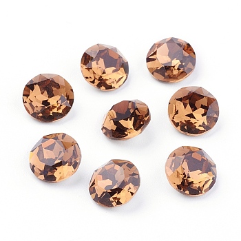 Pointed Back & Back Plated Glass Rhinestone Cabochons, Grade A, Faceted, Flat Round, Light Smoked Topaz, 8x4.5mm