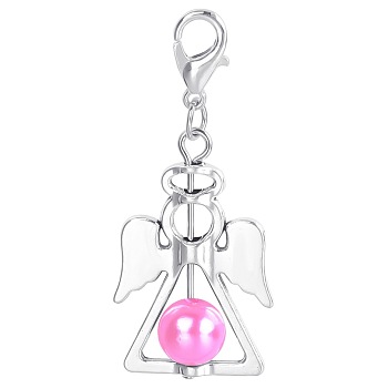 Alloy Angel Pendant Decorations, with CCB Imitation Pearl, Hot Pink, 4.4x1.9cm