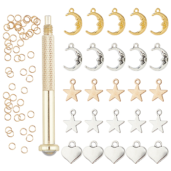 PandaHall Elite DIY 100Pcs Nail Art Dangle Charm Decoration, Including Iron Manual Punch Tools, Zinc Alloy Pendants and 304 Stainless Steel Jump Rings, Mixed Color, 15x12x1.5mm, hole: 2mm