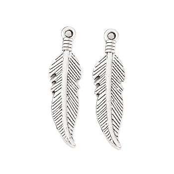 Tibetan Style Alloy Pendants, Feather, Cadmium Free & Lead Free, Antique Silver, 25.5x7x1mm, Hole: 1.5mm, about 1388pcs/1000g