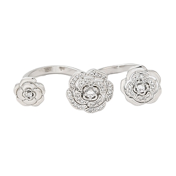 Brass Double Finger Rings, Open Cuff Rings, Cubic Zirconia Peony Flower Ring for Women, Platinum, 3mm, Inner Diameter: 16mm & 18mm