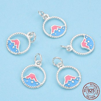 925 Sterling Silver Enamel Charms, with Jump Ring, Volcano, Light Sky Blue, 13x11x1mm, Hole: 3mm