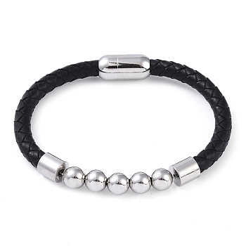 304 Stainless Steel Round Beads Leather Cord Bracelets, with Magnetic Clasps, for Men Women, Stainless Steel Color, 8-3/8 inch(21.2cm), 6~10mm