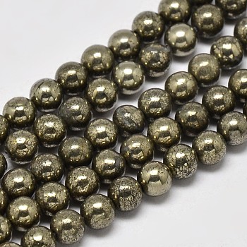 Natural Pyrite Round Beads Strands, Grade A, 4mm, Hole: 0.8mm, about 100pcs/strand, 16 inch
