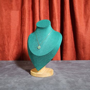 Velvet Bust Necklace Display Stands with Wooden Base, Jewelry Holder for Necklace Storage, Teal, 17x11.3x24.5cm