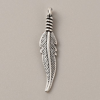 Tibetan Style Alloy Pendants, Feather, Antique Silver, 31.5x6.5x4mm, Hole: 2mm