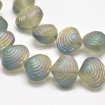 Frosted Electroplate Glass Shell Beads Strands, for Beading Jewelry Making, Rainbow Plated, Yellow Green, 12x14.5x10mm, Hole: 1mm, about 32pcs/strand, 16 inch
