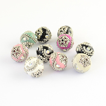 Round Handmade Indonesia Beads, with Rhinestones and Alloy Cores, Antique Silver, Mixed Color, 16~17x16~17mm, Hole: 1.5mm