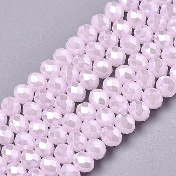 Electroplate Glass Beads Strands, Imitation Jade Beads, Pearl Luster Plated, Faceted, Rondelle, Pink, 6x5mm, Hole: 1mm, about 83~85pcs/strand, 38~39cm