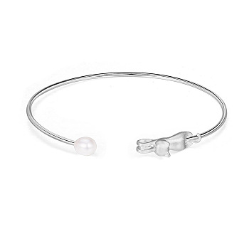 SHEGRACE Trendy 925 Sterling Silver Cuff Bangle, with Kitten and Freshwater Pearl, Silver, 170mm