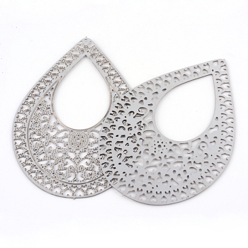304 Stainless Steel Big Filigree Pendants, teardrop, Stainless Steel Color, 61.5x43x0.5mm, Hole: 0.5mm, about 35~50pcs/bag
