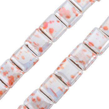 Handmade Porcelain Bead Strands, Famille Rose Style, Flat Hole Beads, Square, Coral, 15x16~16.5x7mm, Hole: 2.5x11mm, about 20pcs/strand, 11.42 inch(29cm)