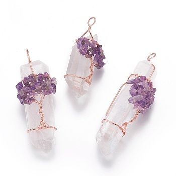 Natural Quartz Crystal Big Pendants, with Amethyst Chips and Brass Findings, Nuggets, Rose Gold, 58~105x22~35mm, Hole: 5~12mm